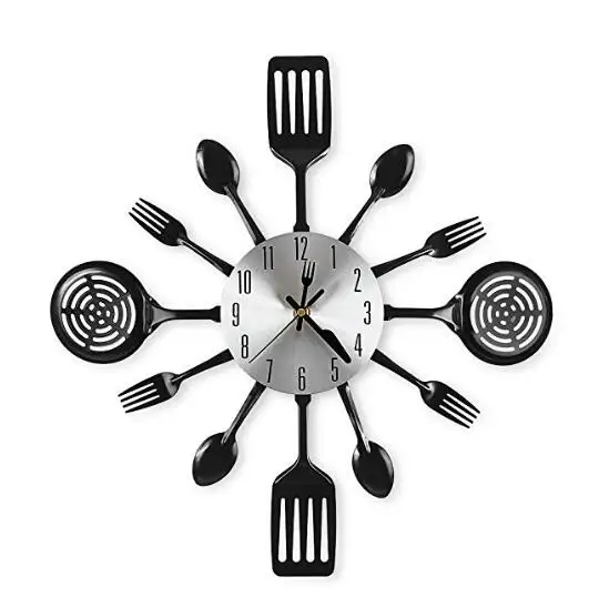 Contemporary Kitchen Utensil Clock Silver Toned Forks Spoons Spatulas
