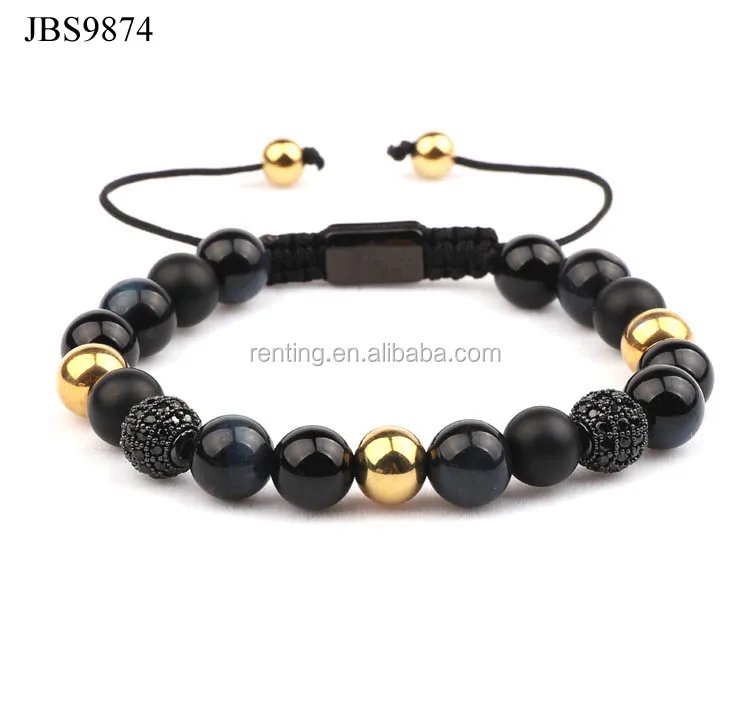 

High quality natural gemstone blue tiger eye black agate beads macrame bracelet