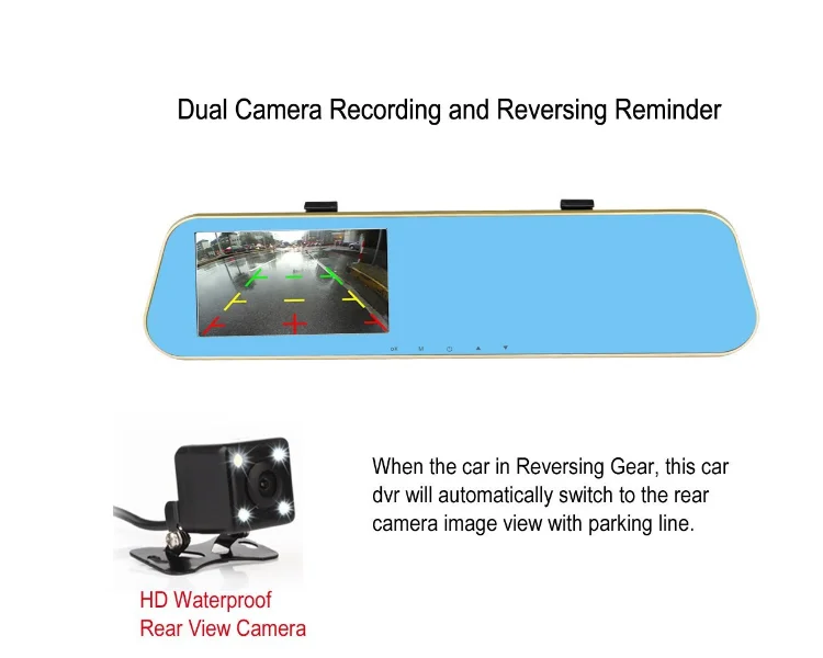 Full HD 1080P Video Car DVR Mirror Dual Camera Recorder 4.3 Inch LCD 170 Degree Wide Angle Dash Cam Front and Rear Camera