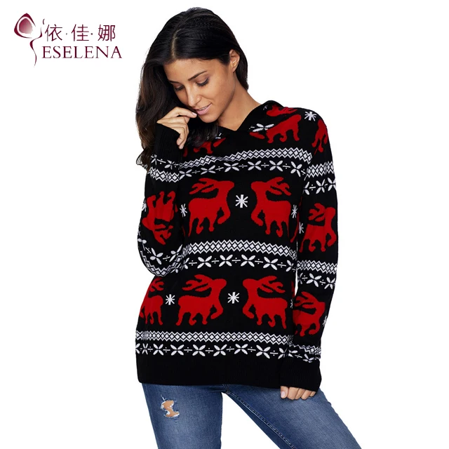 

fashion new fashion designs Cute Christmas Reindeer Knit Black Hooded Sweater