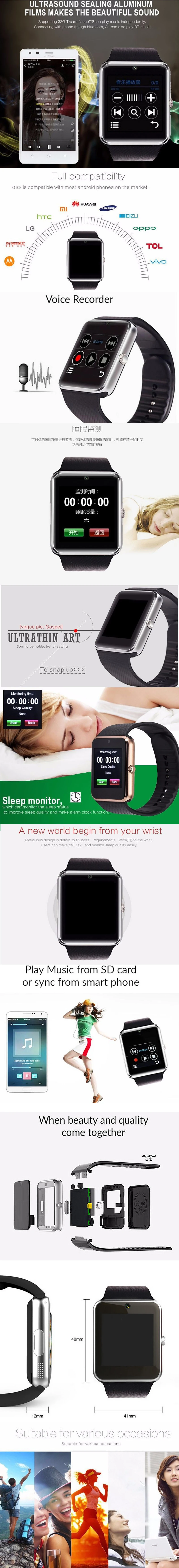 top grade phone answering gt08 smart watch free shipping