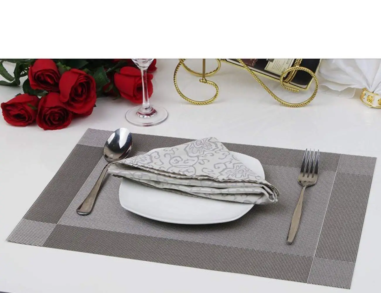 Kangkang @ Dining Room Placemats for Table Heat Insulation Anti-skid Stain-resistant Simple Style Eat Mat - Set of 4 (Silver+black) Chromatic Stripe Western-style Food Bowl Mats (Silver grey)