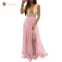 

Hot Selling Sexy Deep V Neck Evening Dress Women Black/Pink/Red Sequin Evening Long Dress