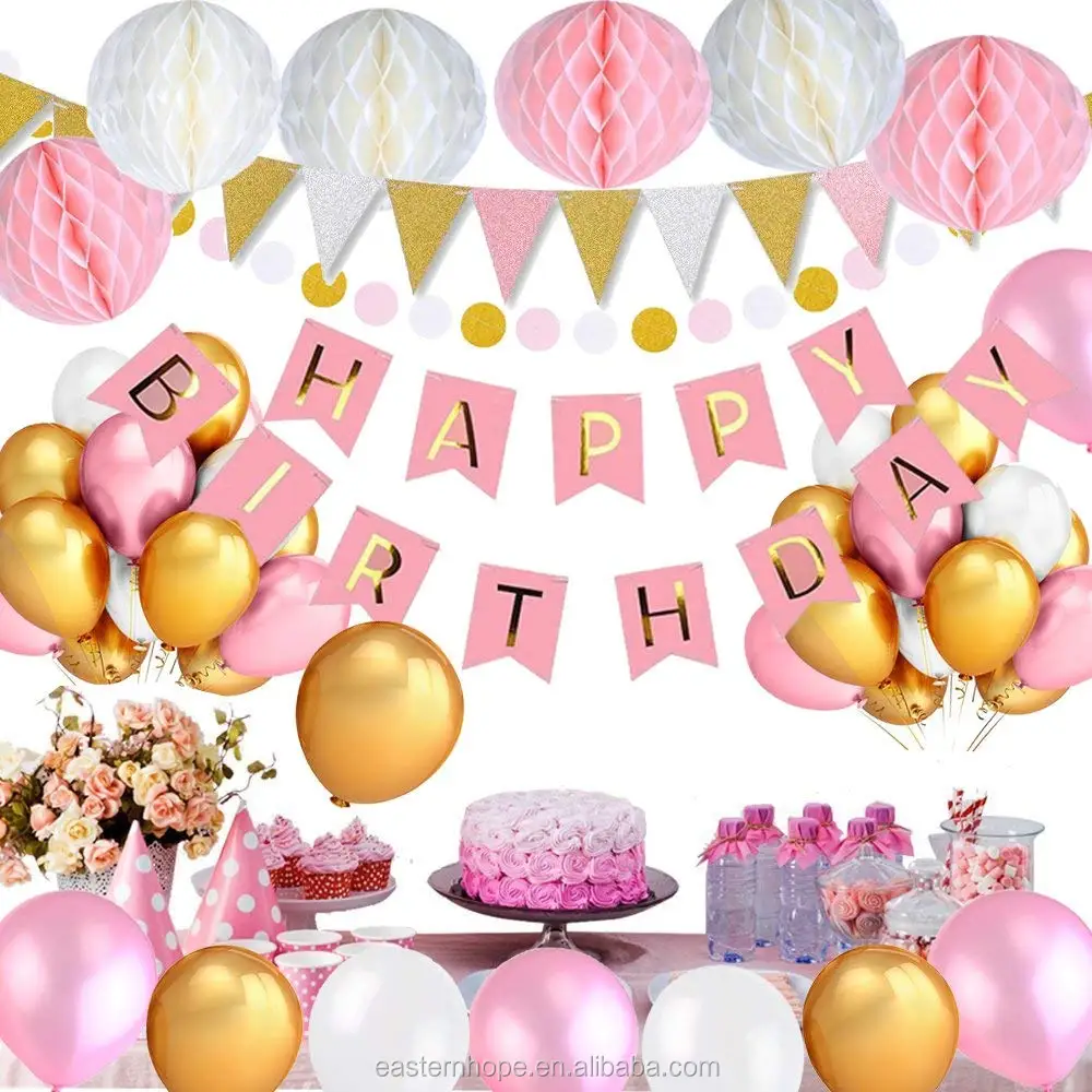 Birthday Decorations,Pink And White Birthday Party Supplies For Girl ...