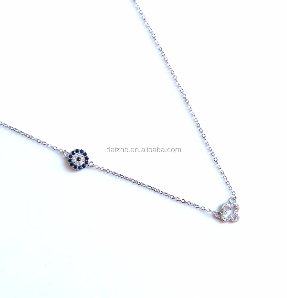 

high quality 925 sterling silver 2021 summer evil eye thin chain dainty evil eye four clover charm connector necklace