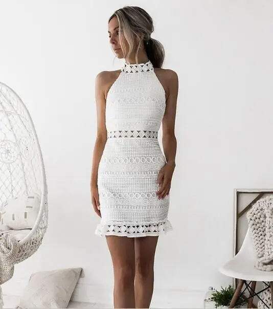 

Summer Women's White Lace Sleeveless Halter Dress