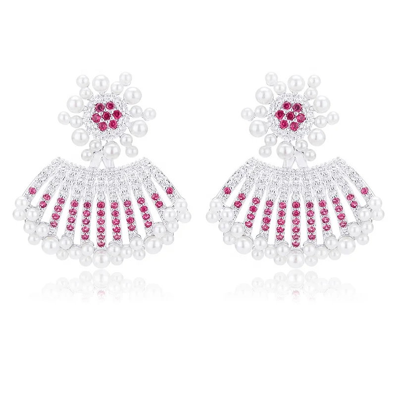 

Korean Stud Flower Shape Pearls Rhinestone Earrings, Silver, red