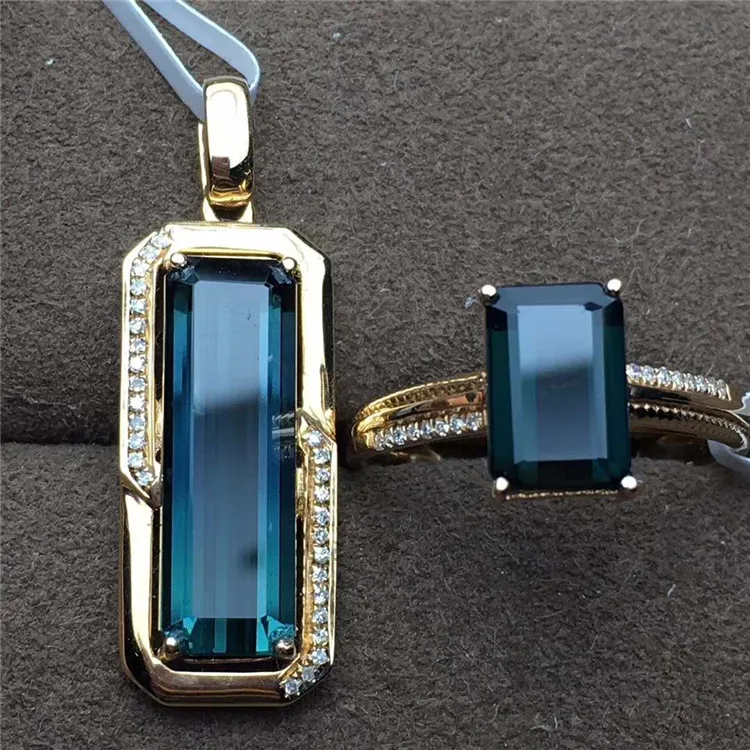 

18k gold South Africa real diamond natural blue tourmaline necklace pendant ring fashionable jewelry set for women