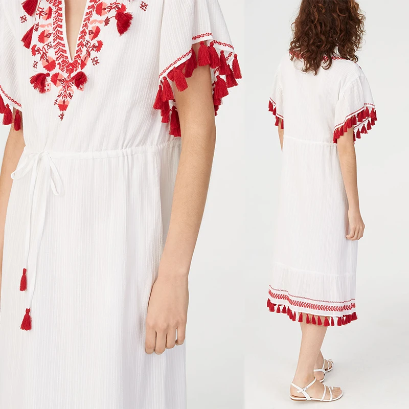 

Embroidery Tassel Boho Cotton Dress Women, White