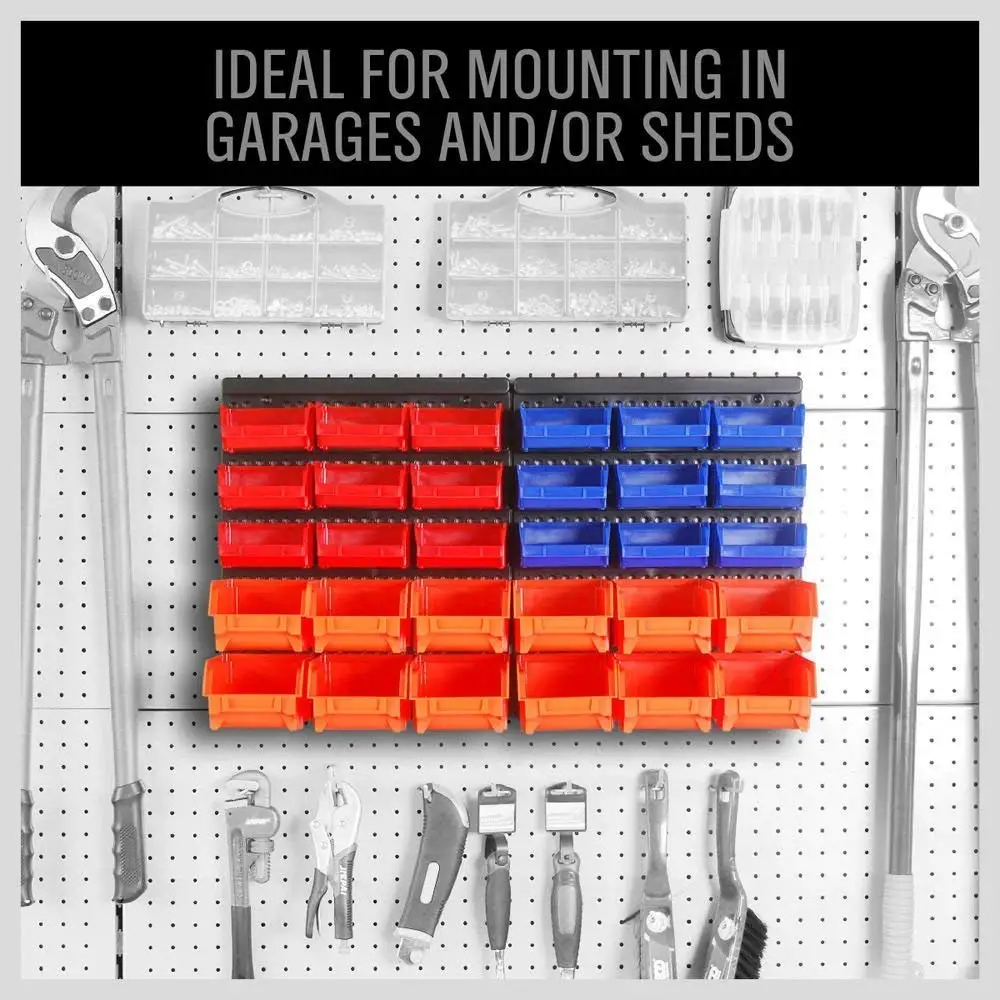 
30pcs Plastic Mounted Wall DIY Tool with rack and staclable storage bins set 