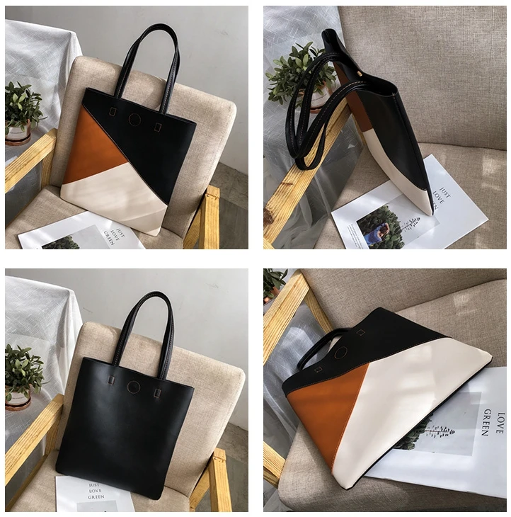 New fashion large capacity bag Korean version of the collision color shoulder bag simple atmosphere soft pu leather bag