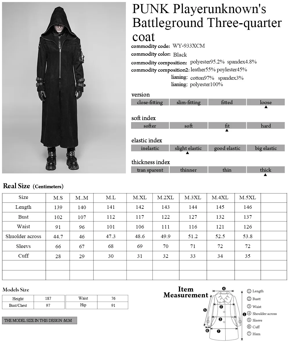 WY-933 PUNK Playerunknown's Battleground Three-quarter coat velveteen fabric Coats men