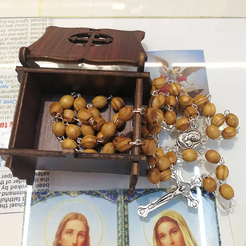 

In Stock Factory Directly Supply Religious Items Souvenirs Catholic Oval Wood Beaded Rosary Necklace, Light brown / customized