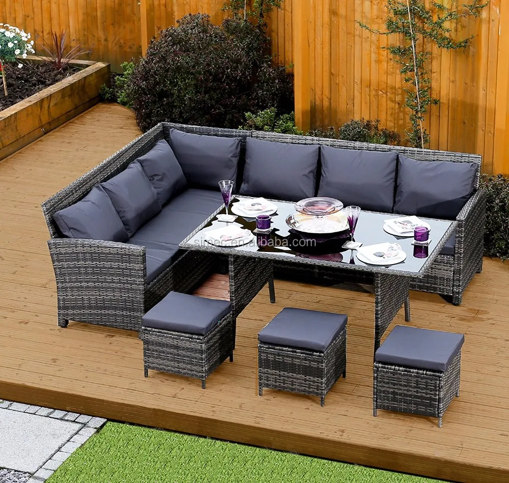 
aluminum frame PE rattan wicker outdoor L shape casual dining set 