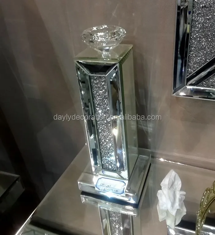 Crush Diamond Crystal Clear Silver Mirror Glass Tall Pillar Taper