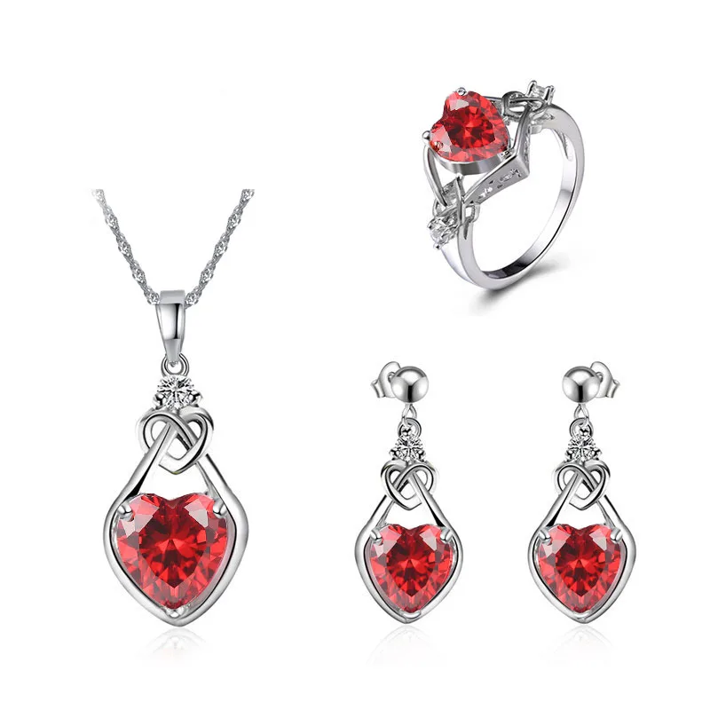 

Red Heart Shape Jewelry Sets Silver Color Micro Pave Inlay Zirconia Necklace/Earring/Ring Sets For Lovers