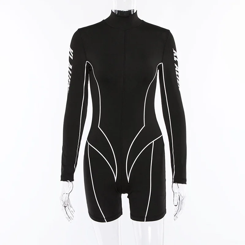 2019 new women turtleneck full sleeve fitness playsuit white striped patchwork letter print push up skinny casual bodysuit