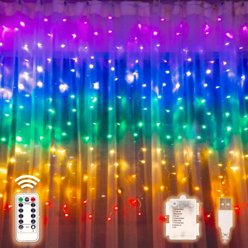 192LED New 8 Functions USB Batter Powered Fairy Rainbow Curtain Lights for Bedroom with Remote and Timer