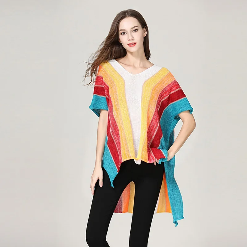 

fashion new Street style Rainbow Striped bat sleeve Loose Sweater pullover women irregular casual t-shirt