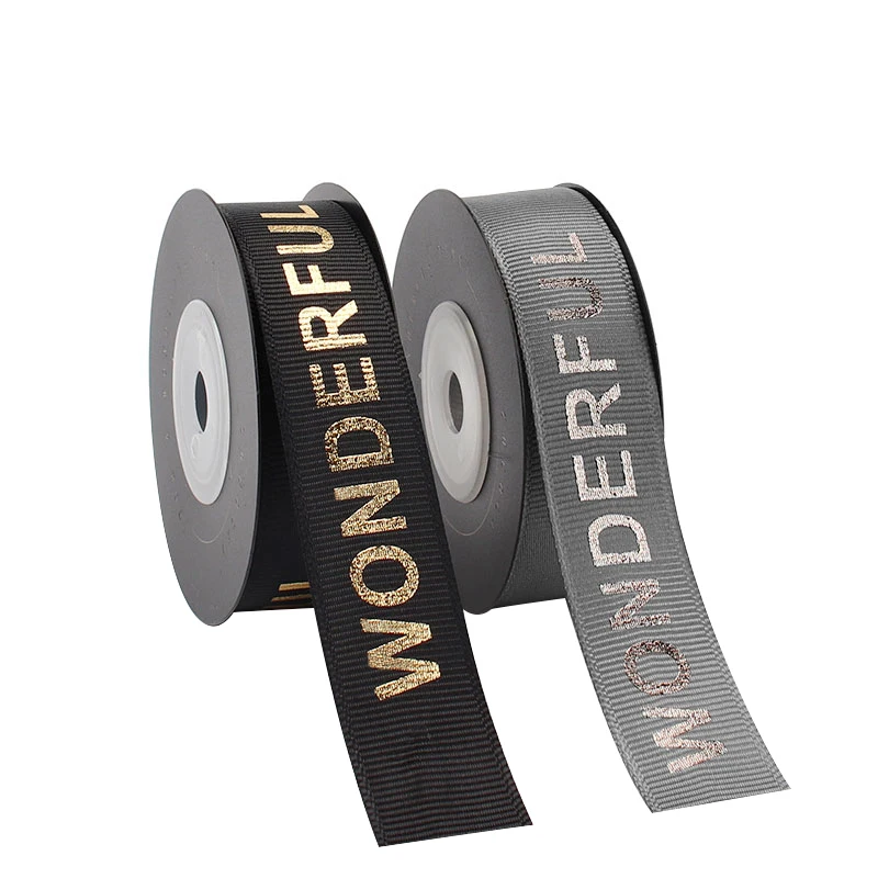 wholesale custom printed silk ribbon satin ribbon tape grosgrain black ribbon with gold logo