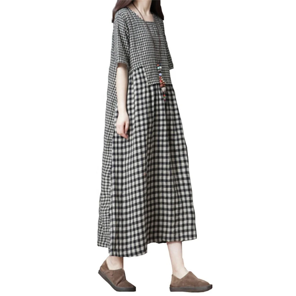 

Summer Women Cotton Linen Dress 2019 Casual Korean Loose O-Neck Short Sleeve Sundress Vintage Plaid Party Beach Long Dresses