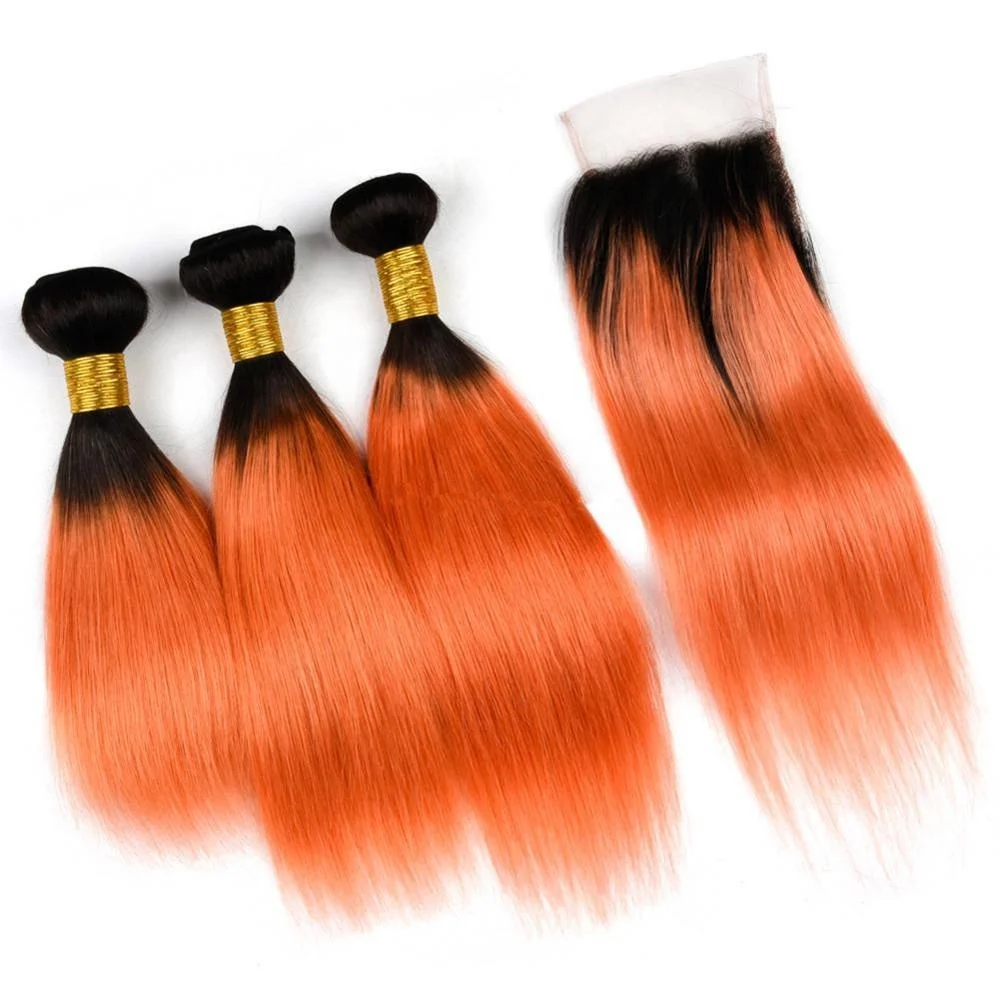 

100g usine tissages naturel brazilian human hair straight highlight 1b black orange ombre mix color bundles with closure frontal
