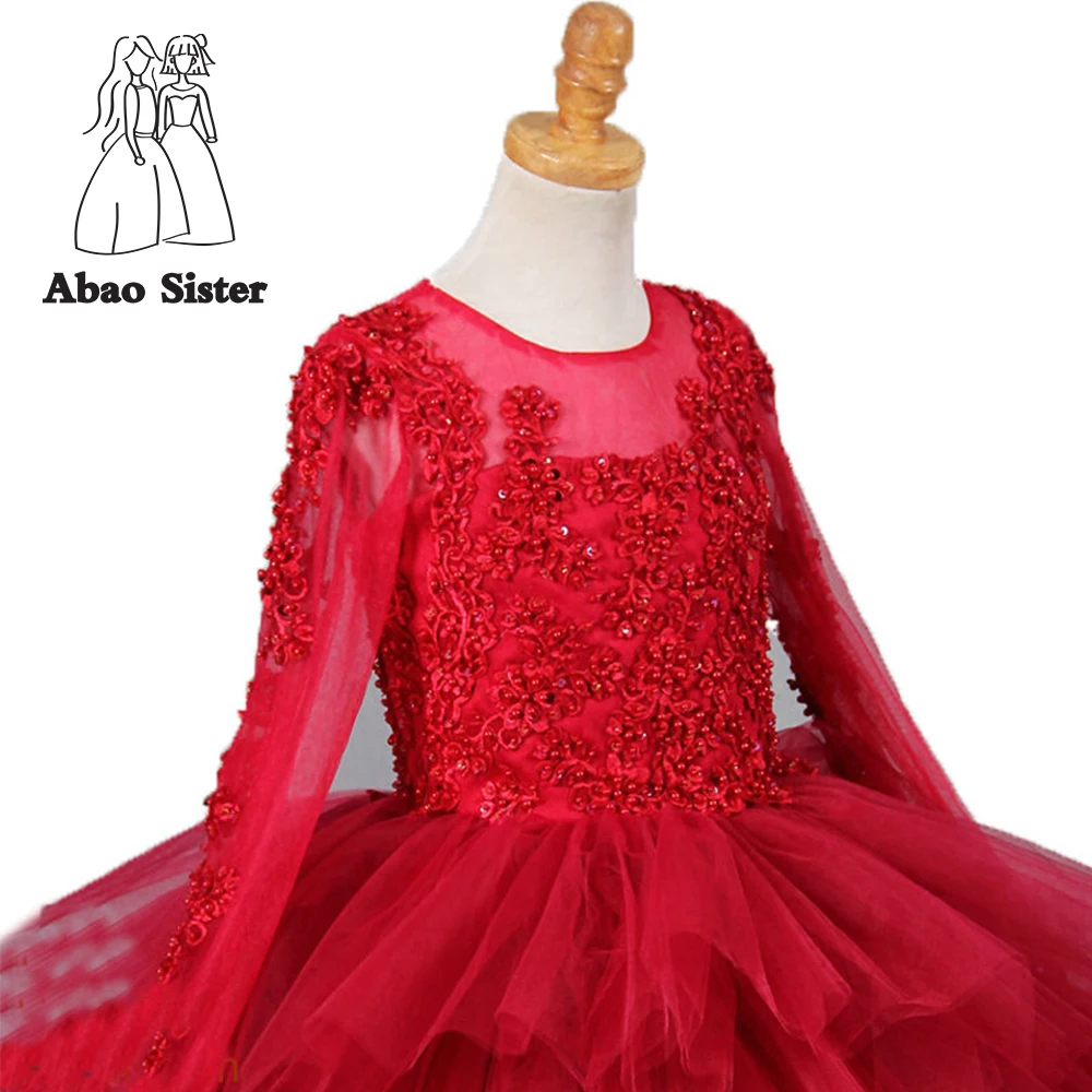 Luxury Red Color Long Sleeve Fancy Flower Girl Dress For Wedding 2019 ...