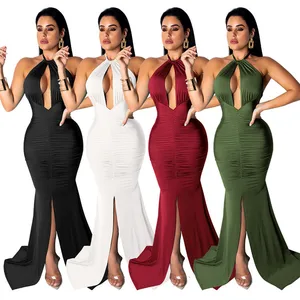 bulk wholesale sexy backless solid color halter women floor length long evening dress