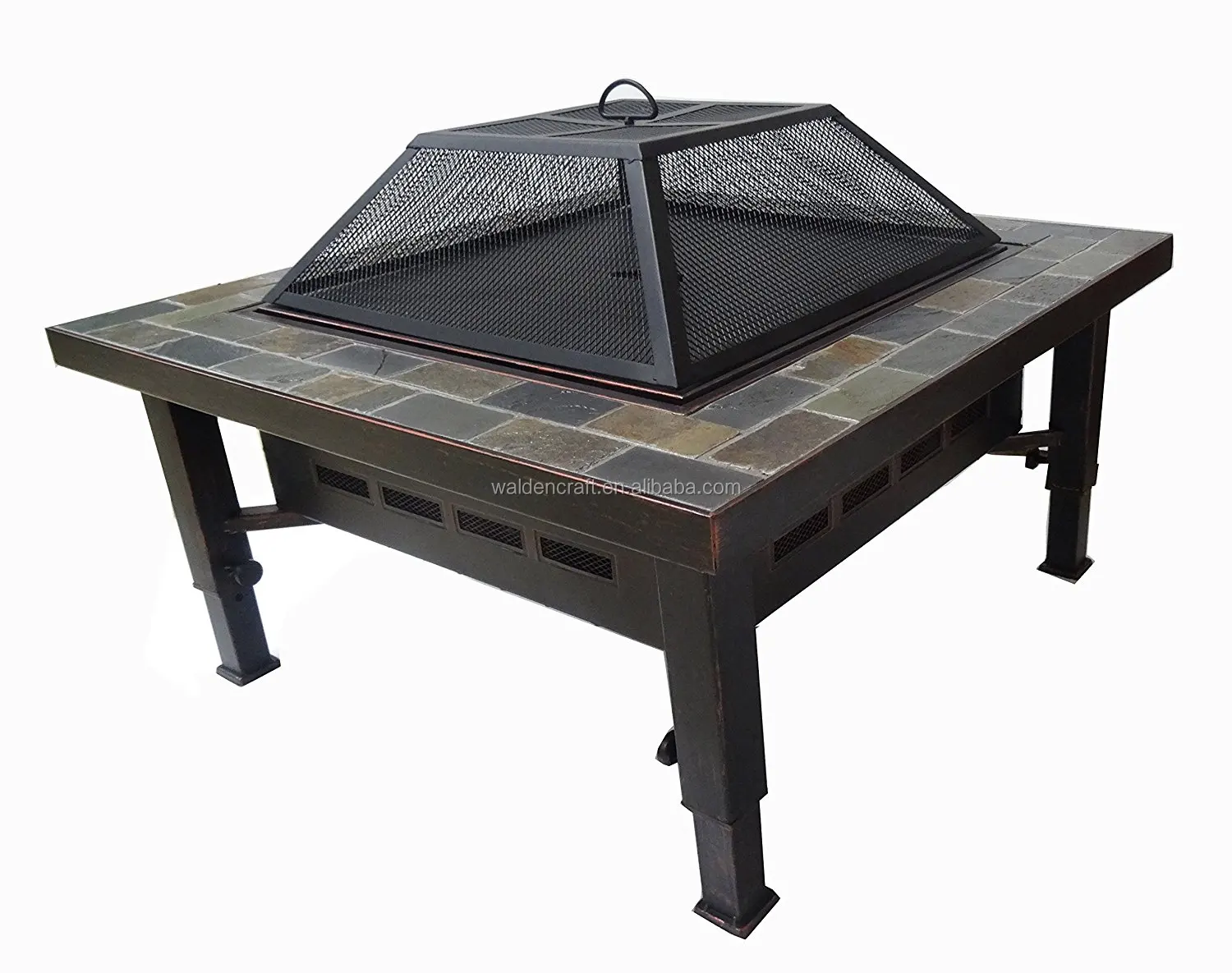 Adjustable Leg Square Slate Top Fire Pit With Spark Screen Cover