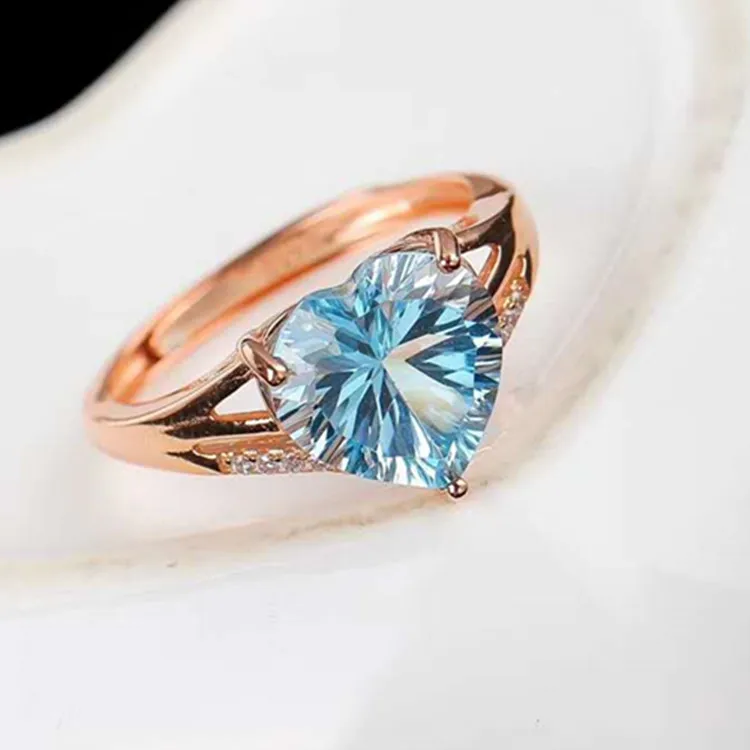 

romantic heart adjustable wedding stone jewelry 925 sterling silver 18k gold plated 11x10mm natural blue topaz ring for women