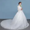 2018 Spring Latest Korea Fashion Long Sleeve Lace Flower Bridal Wedding Dress White Wedding Gown with Long tail