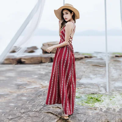 

Roupas Femininas Thailand Vintage Style Sexy Backless Casual Linen Girl Boho Stripe Long Dress for Women Summer Beach, Red