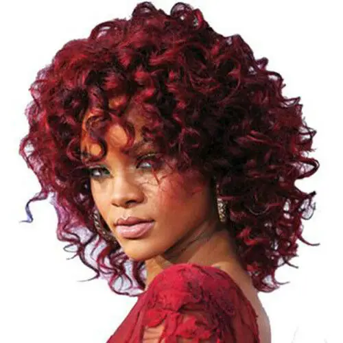 

Rihanna Short Curly Red Wigs For Women 180% density virgin hair lace front Bob Wigs with fringe bang Burgundy Perruque