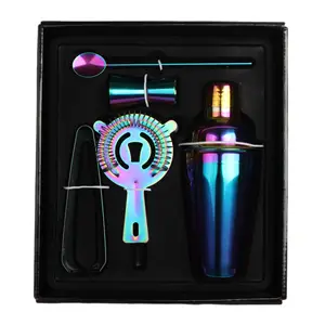 Image of wholesale custom logo stainless steel cocktail shaker set with gift box wine bar tools set ice tong jigger shaker