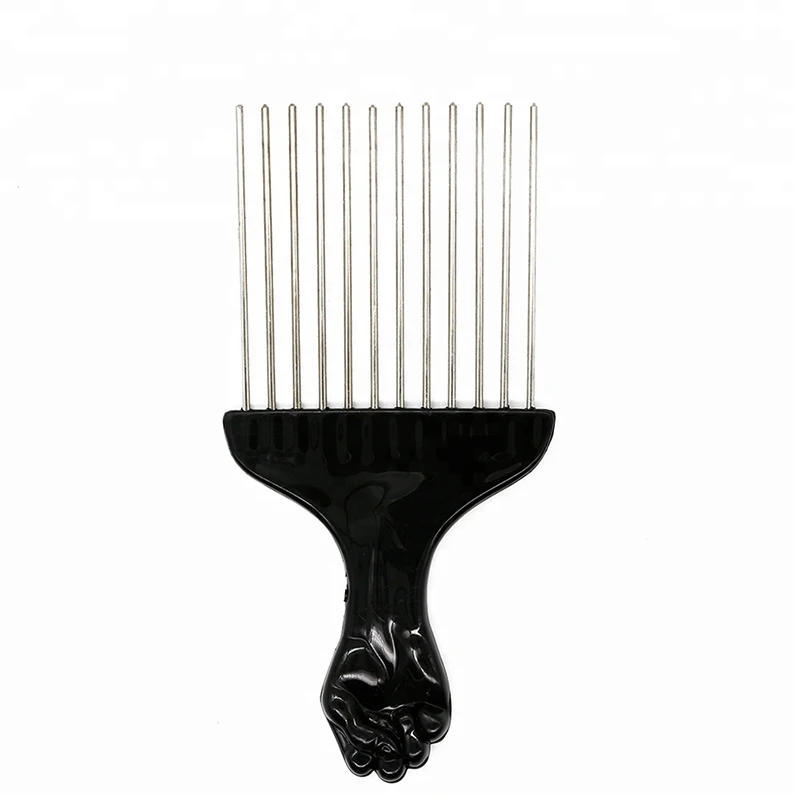

Amazon hot sale black plastic handle metal wide teeth afro hair comb, As shown