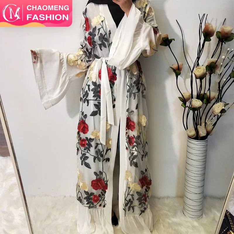

1708# Beautiful Horn Sleeve Abaya Muslim Dresses Embroidery Flower Black Abaya Dubai Abaya For Women, Black/maroon/white/beige/white-red