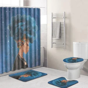 Image of Amazon Top Seller 2019 Polyester Custom Print African American Black Girl Magic Shower Curtain Set for Bathroom with Rug & Mat