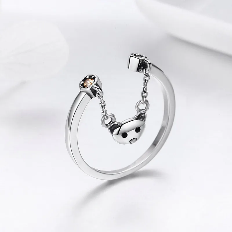 

The Bear Square CZ Animal Chain Adjustable 925 Sterling Silver Finger Rings for Women Jewelry