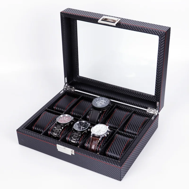 

Hot selling 10 slots black carbon fiber watch box case