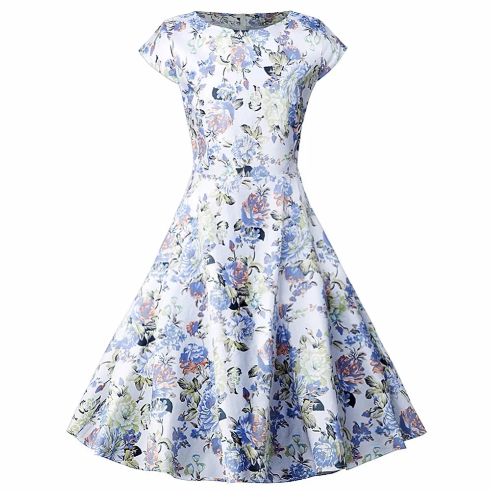 Nuevo Vintage mujer estampado Floral Swing vestido 1950s 60s Hepburn estilo elegante fiesta Retro de ajuste y Flare vestido luz Azul