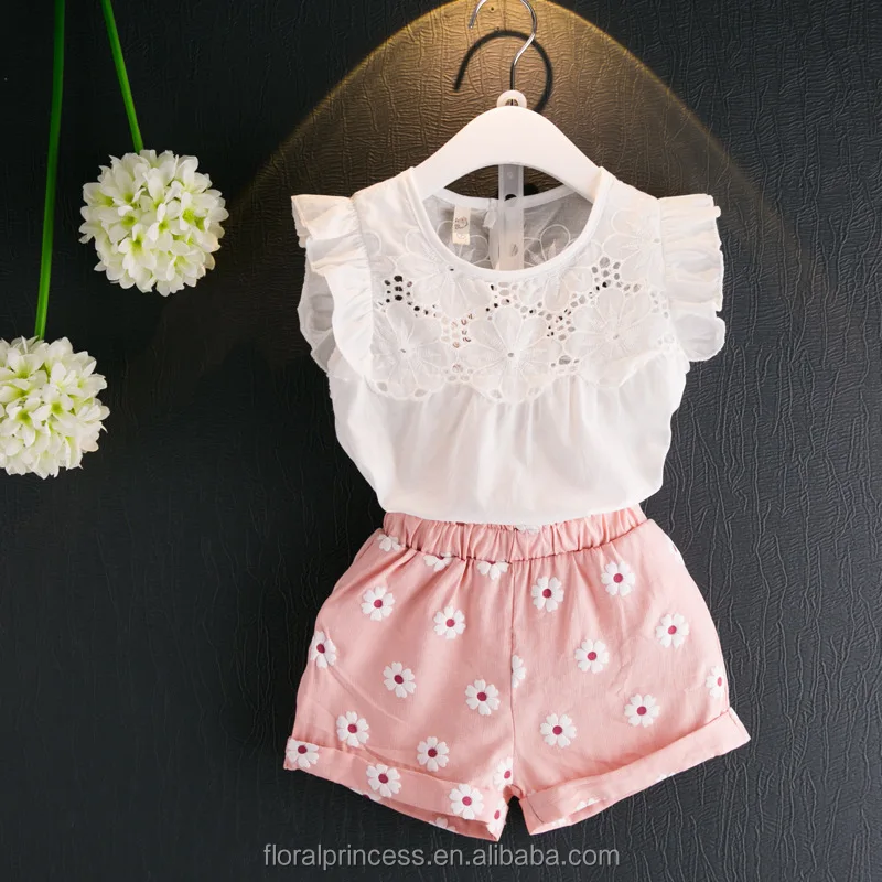 

Hot sale baby girls white hollow cotton t shirt pink flower shorts fashion summer childrens casual clothes set
