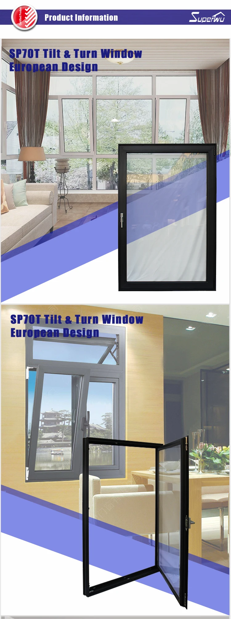 Australia AS2047 standard and NOA standard double glass aluminum tilt and turn window with mosquito net
