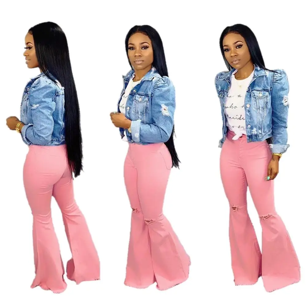 2019 hot sell LE3109 latest casual pink solid denim ladies jeans pants