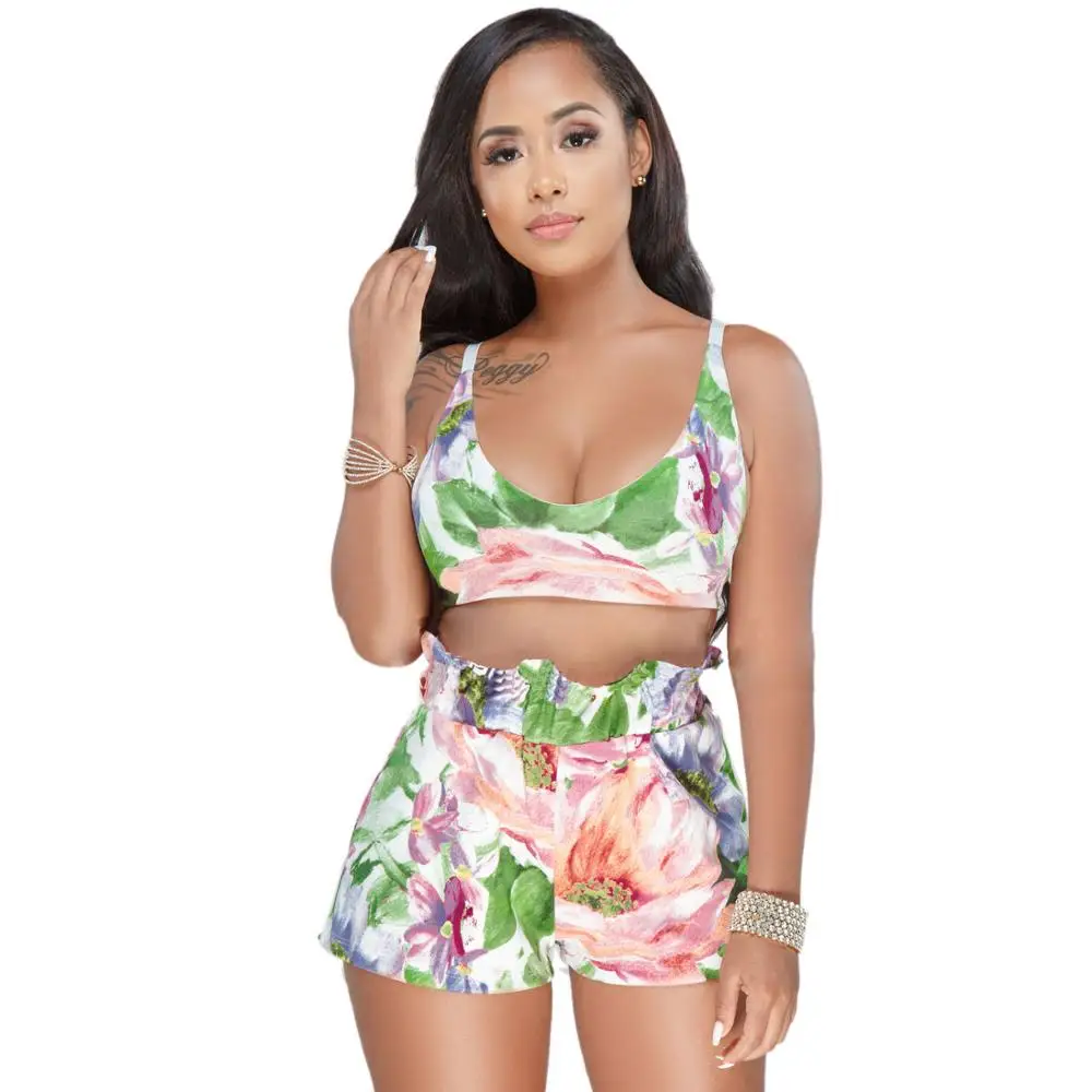 

9011 backless blouse hot shorts floral two piece set women, White;yellow