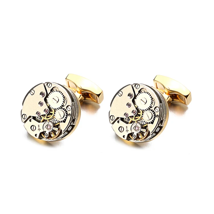 

OB Men's Jewelry Watch Movement Cufflinks Of Immovable Steampunk Gear Watch Mechanism Gold Cuff links For Mens