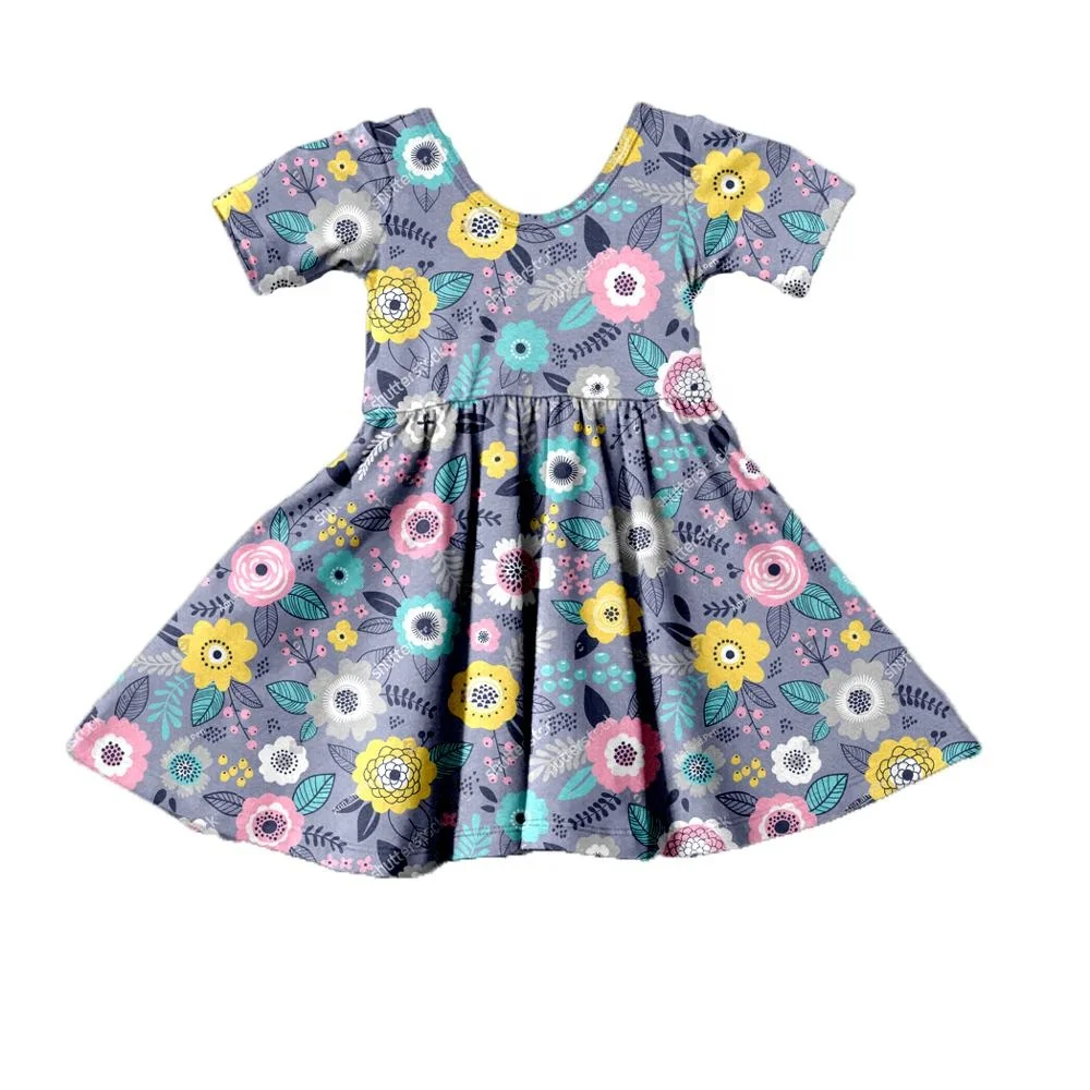 

Make your own Spring new products floral knitted cotton print twirl short sleeve girl dress, As picture