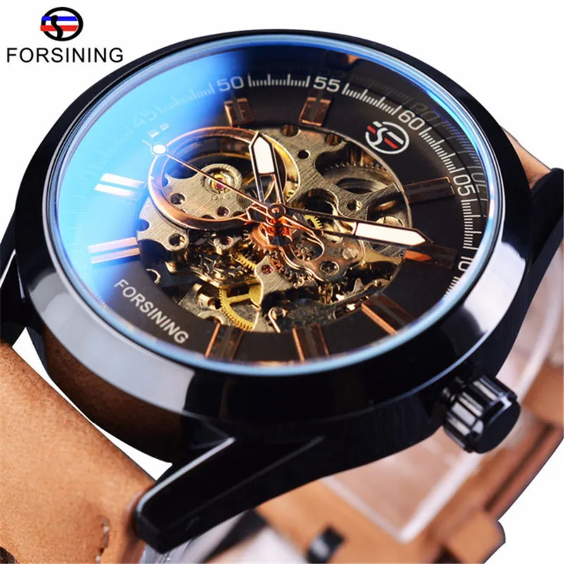 

Forsining Men Watches Top Brand Luxury Mechanical Skeleton Watch Black Golden 3D Literal Design Roman Number Black Dial Clock, 7 colors