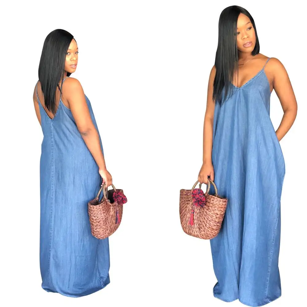 

Women Summer Casual Spaghetti Strap Denim Deep V Neck Long maxi dress