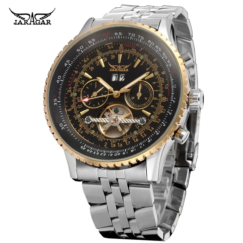 

Luxury 6 Hands Automatic Mechanical Wrist Watches Men Date Week Tourbillon Skeleton Big Dial Jaragar Brand Stainless Steel Watch