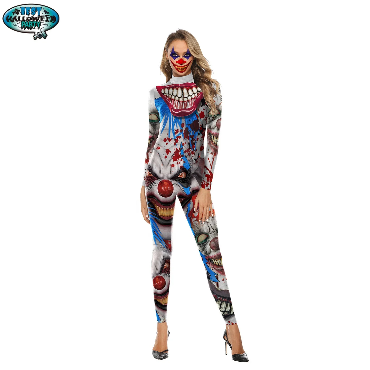 

2019 New Party cosplay Joker Clown Terror Face Halloween costume Printed Adult Zipper Women Fashion Jumpsuit, Customized color